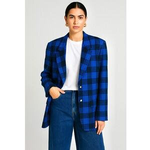 VINTAGE PENDLETON Cobalt Heritage Tartan Plaid‎ Wool Loose Fit Blazer Jacket L